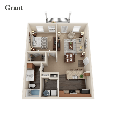 Floor plan for 1 bed, 1 bath, 743 sqft